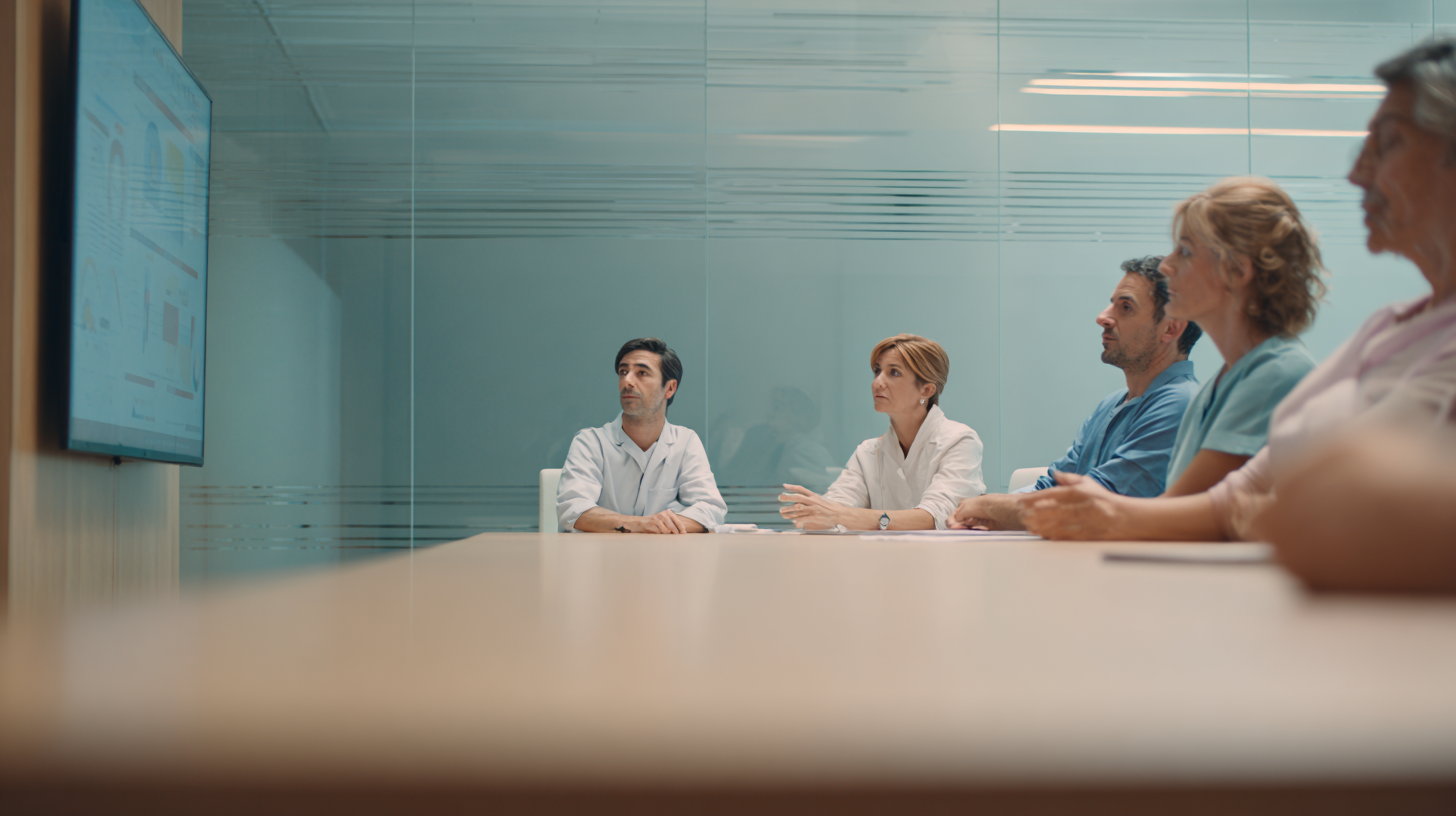 Equipo sociosanitario revisa una interfaz de inteligencia artificial transparente conectada a nodos de datos gobernados.